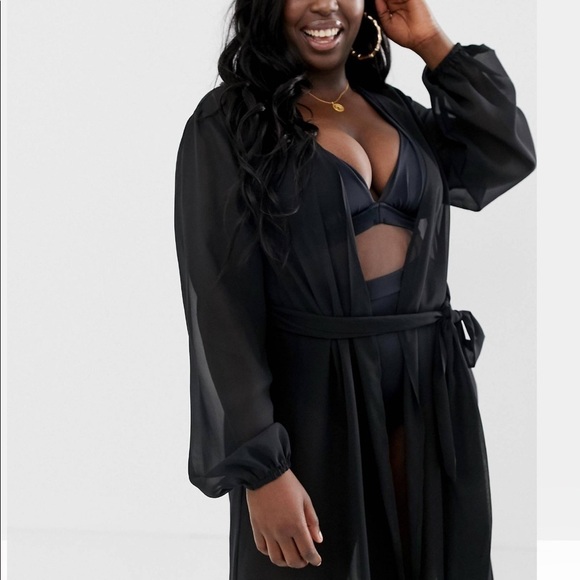 Asos Design curve long sleeve wrap tie chiffon maxi beach kimono black - Picture 3 of 7